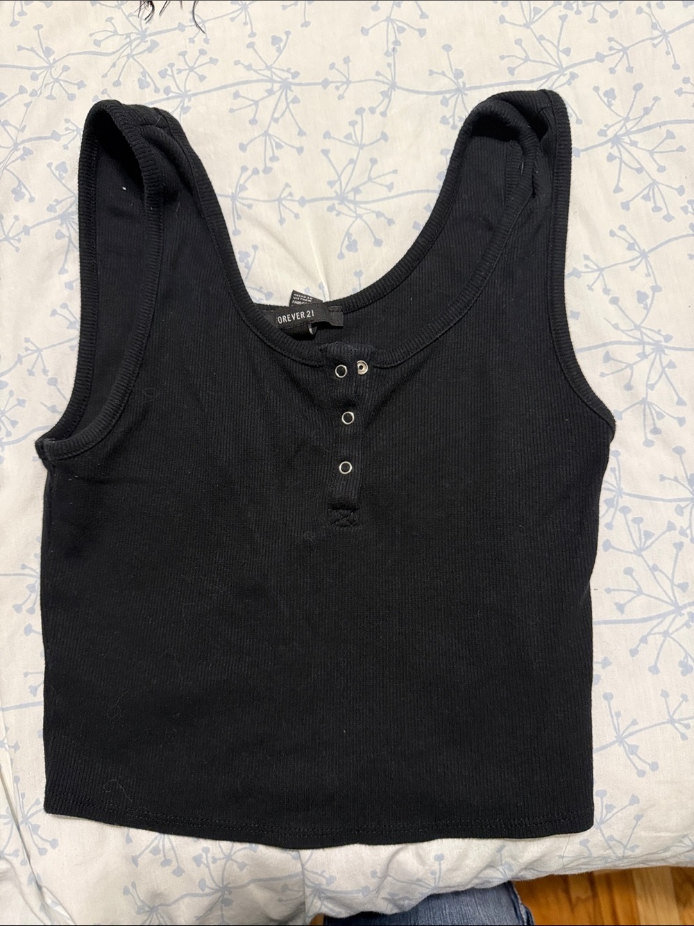 Forever 21 Black Ribbed Cropped Henley Tank